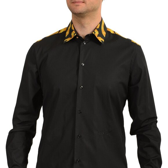 men's black and gold dress shirt Black Golden Floral Silk Men Long Sleeve Shirt main image 0